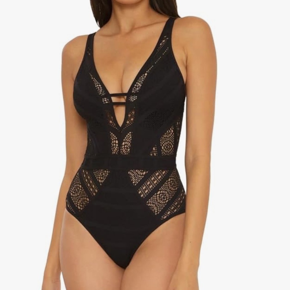 NEW BECCA  Mesh Plunge Neck One Black Purple Swimsuit